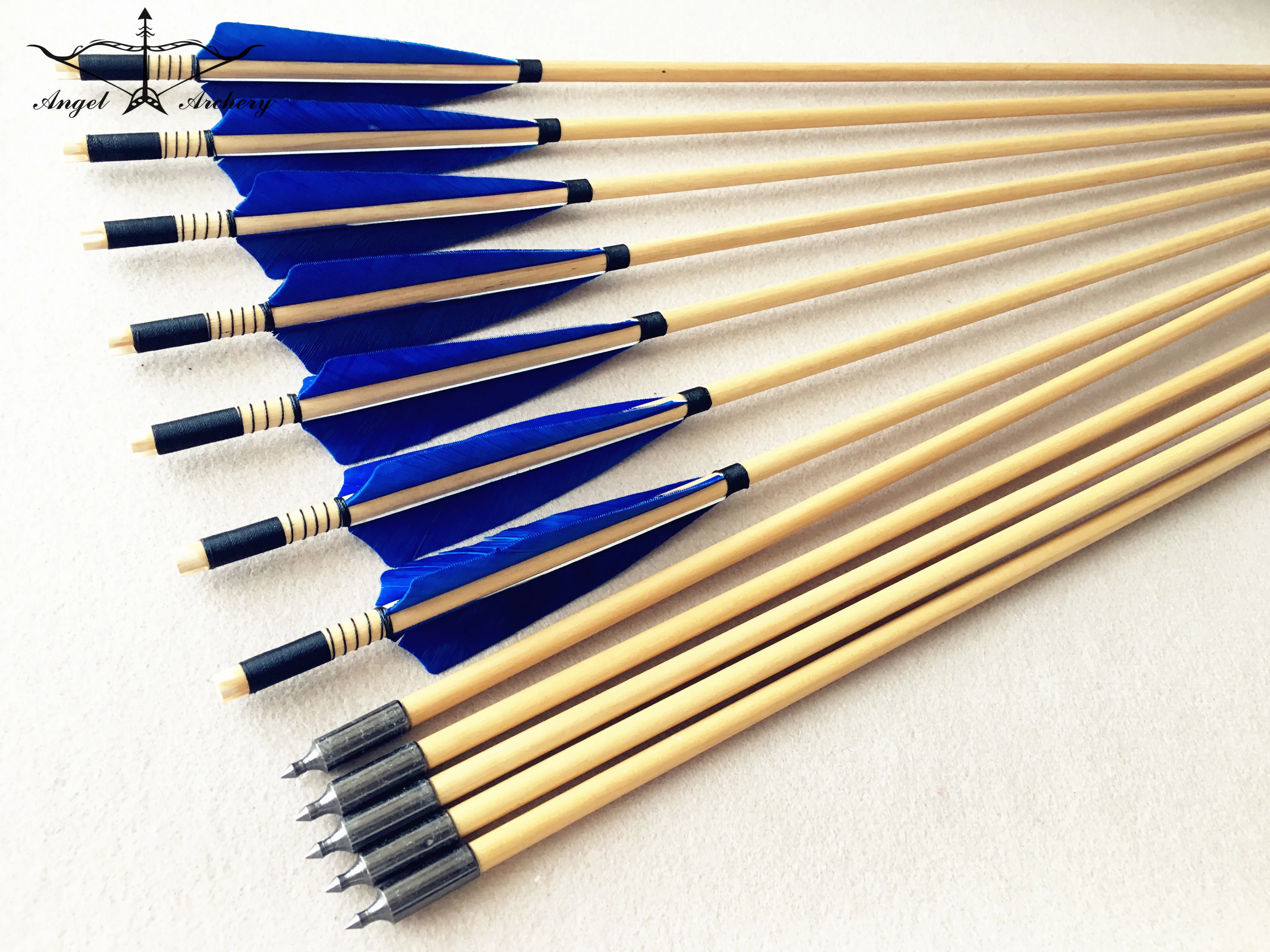 6PK/12PK Blue 5inch Feathers Wooden Arrows For Hunting Longbow Wood Arrow Handmade Ali Bow Fully Made By Hand 8.5mm Wooden Arrow