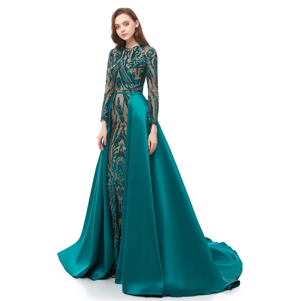 Eremald verde sereia vestidos de baile com trem destacável 2022 lantejoulas luxo applique manga longa renda fishtail noite vestidos