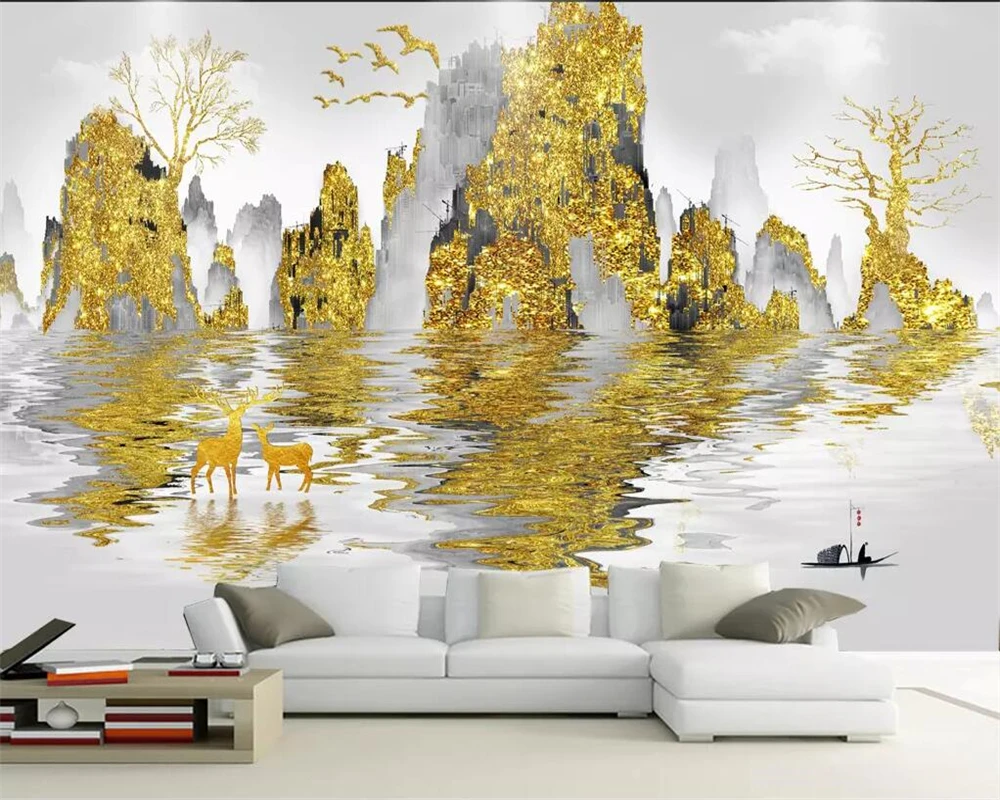 

Beibehang Chinese mural wallpaper abstract sunrise golden ink mountain abstract modern nordic tv background walls 3d wallpaper