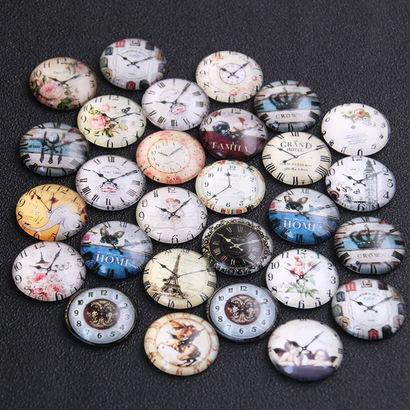 6pcs Mix Alarm Clock Pattern Round Glass Cabochon 20mm Dome Flat Back DIY Jewelry Finding