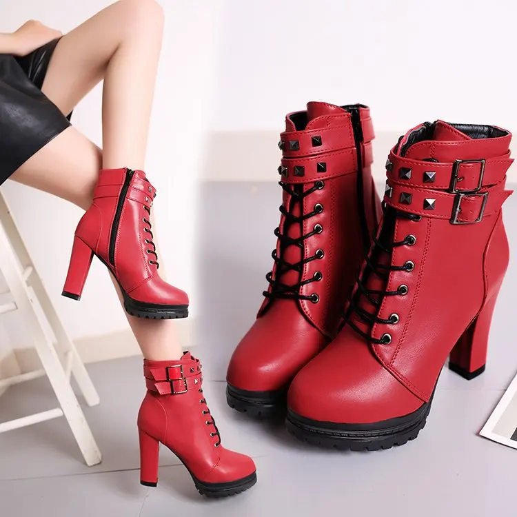 New Autumn Women Ankle Boots Platform High Heel Shoes Ladies Lace Up Buckle Strap Short Boots Casual Female Footwear