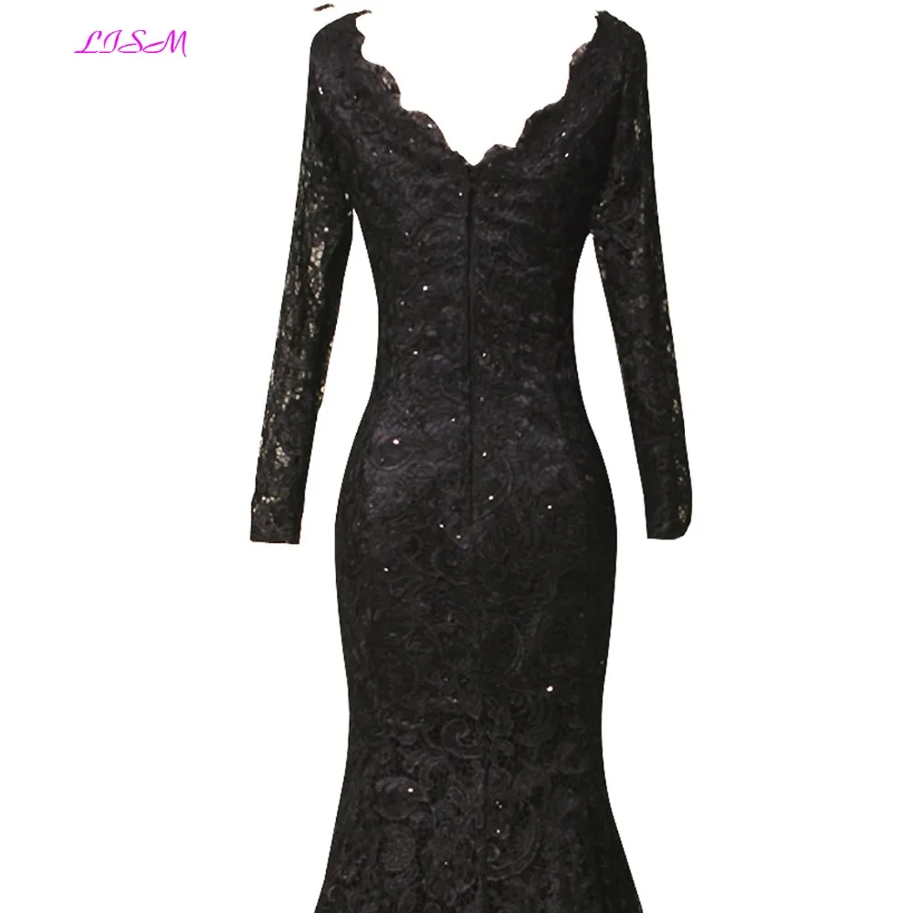 Black Lace Avondjurken V-hals Lange Mouwen Prom Partij Jassen Real Foto Applicaties Kralen Formele Jurk Robe De Soiree