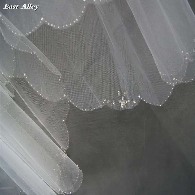 New Style White Bead Edge 2 Tier Fingertip Bridal Veil Beaded Wedding Veil with Pentagram