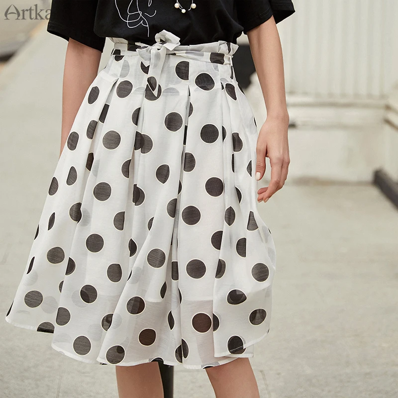 

ARTKA 2021, летняя женская юбка в стиле ретро, юбка в горошек, элегантная юбка с поясом для женщин, модная плиссированная дизайнерская юбка QA10892X