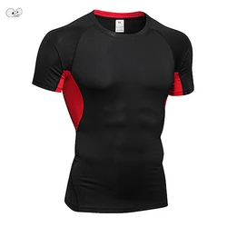 Szybkie pranie Slim dopasowane t-shirty mężczyzn patchworkowy, z siatką koszulki koszulka kompresyjna topy siłownia kulturystyka Fitness O-Neck koszulka z krótkim rękawem