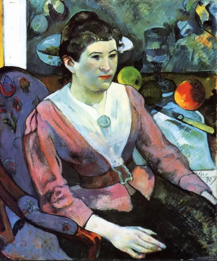 

High quality Oil painting Canvas Reproductions Portrait of woman against the Cezanne's still life by Paul Gauguin hand painted