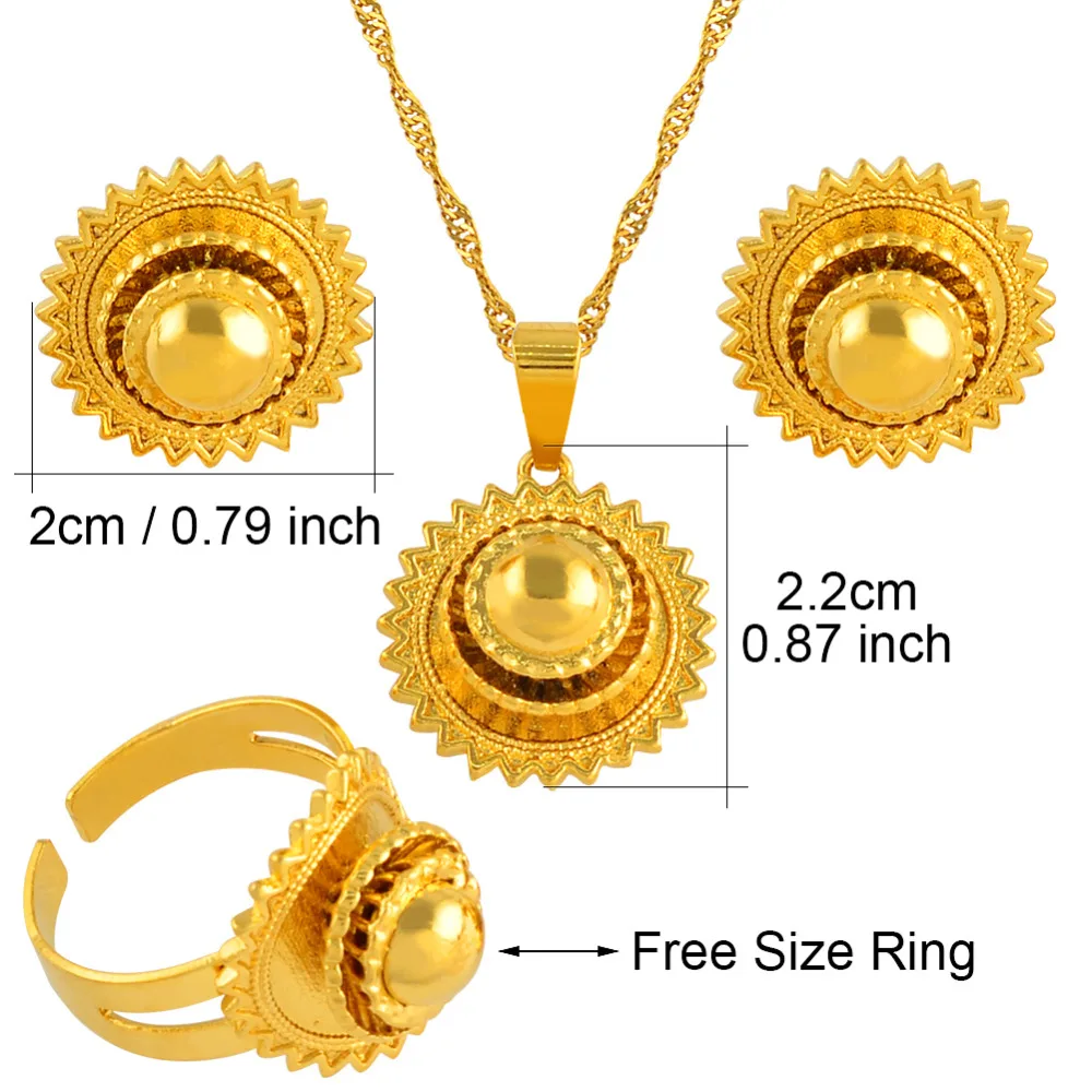 Anniyo Ethiopian Small set Jewelry Necklace Earrings Ring Gold Color African Bridal sets Habesha Eritrea Wedding Sudan #045306