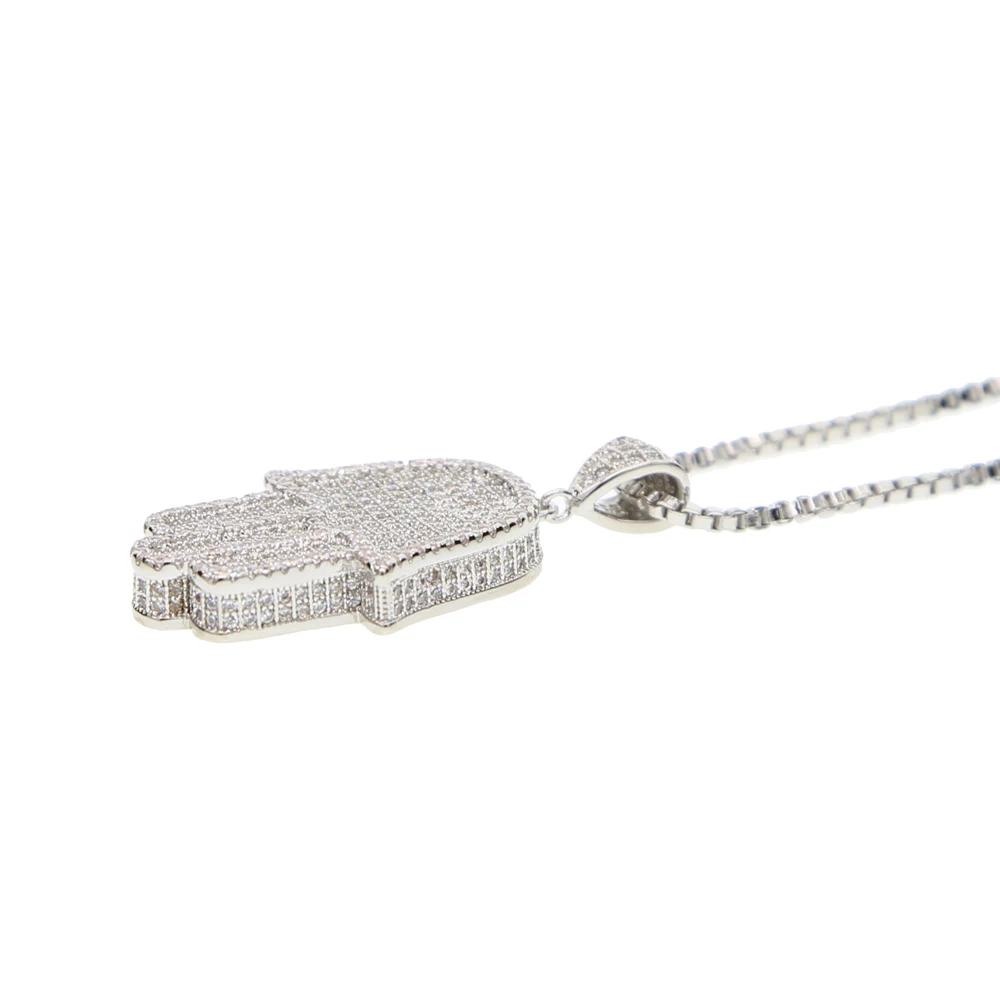 white gold color mens jewelry hip hop bling 38.6mm sized micro pave cubic zirconia hamsa hand icedd out cool mens chain necklace