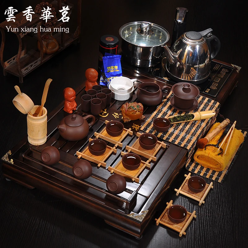 

Tea set Ruyao ceramic ice crack violet arenaceous kung fu tea cups Induction cooker solid wood tea tray tea ceremony