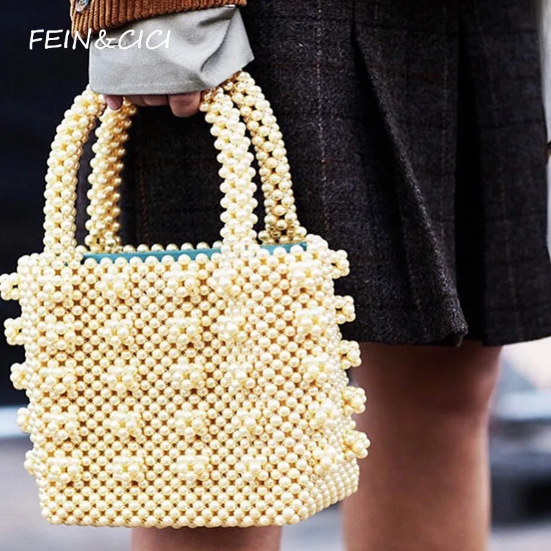 Pearl bag beaded box tote bag women party vintage acrylic plastic bucket handbag summer luxury brand designer bag