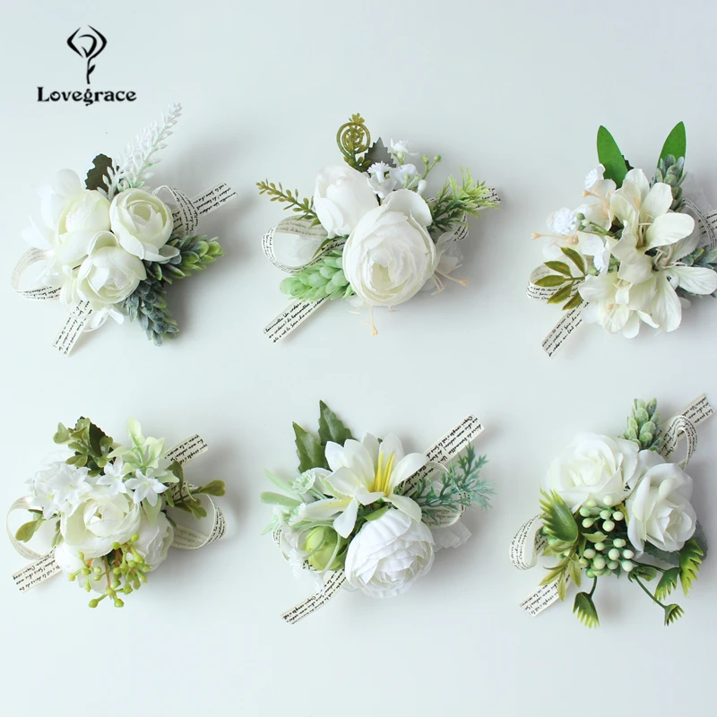 Lovegrace Handgemaakte Rozen Witte Elastische Pols Corsage Armband Bloemen Revers voor Zusters Bruidsmeisjes Bruiloft Accessoires Benodigdheden