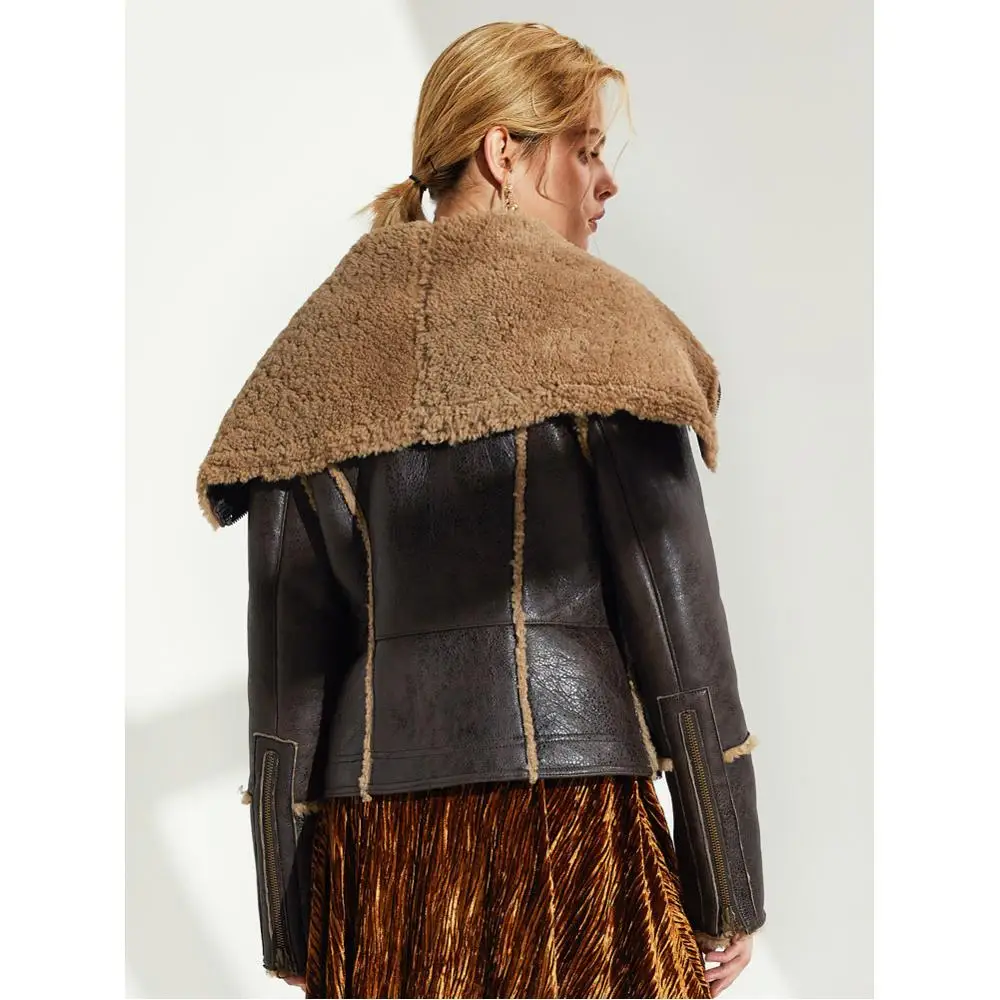 Denny&Dora Womens Sheepskin B-3 Bomber Jacket Large Lapel Collar Coat
