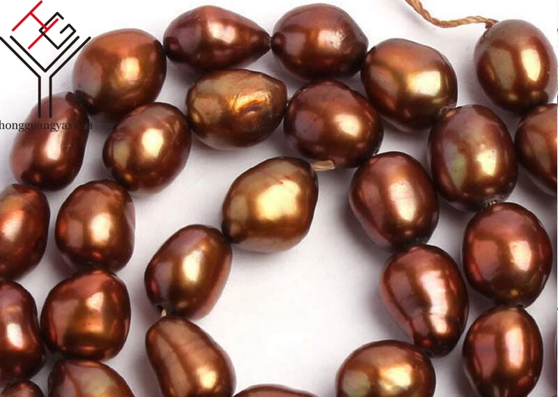 

One Strands Real Pearl 9mm Bright Deep Brown Pearl Oval Baroque Natural Freshwater Pearl loose beads 35cm / 15inch