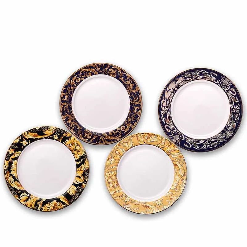 Dinner Plate Flat Tray Bone China Plate Platos Dish Colorful Assiette Porcelaine Round Smooth Tough Golden Edge Tray Talerze1pcs