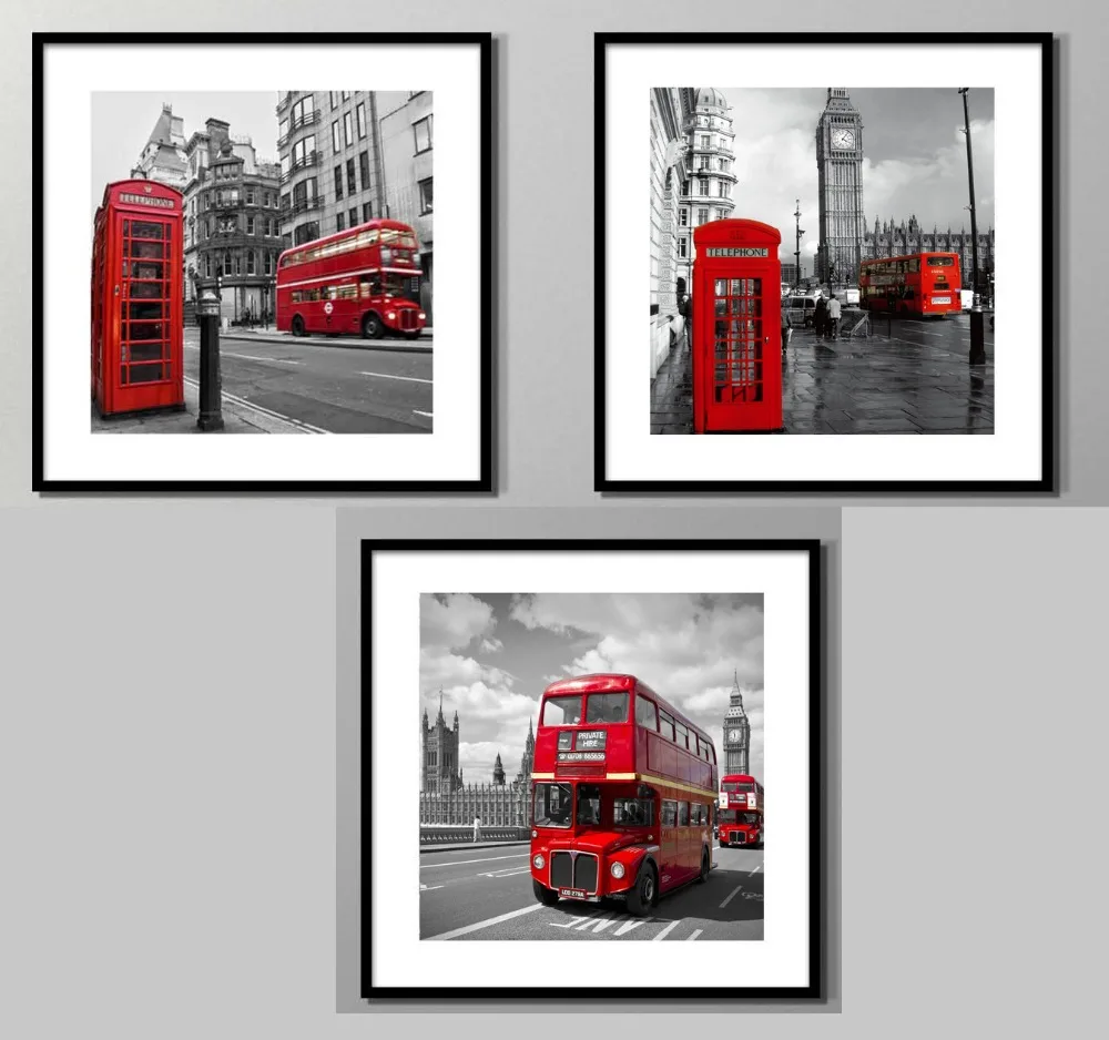 frameless prints British style London red telephone booth and double deckor frameless painting 3 piece  black and white pictures