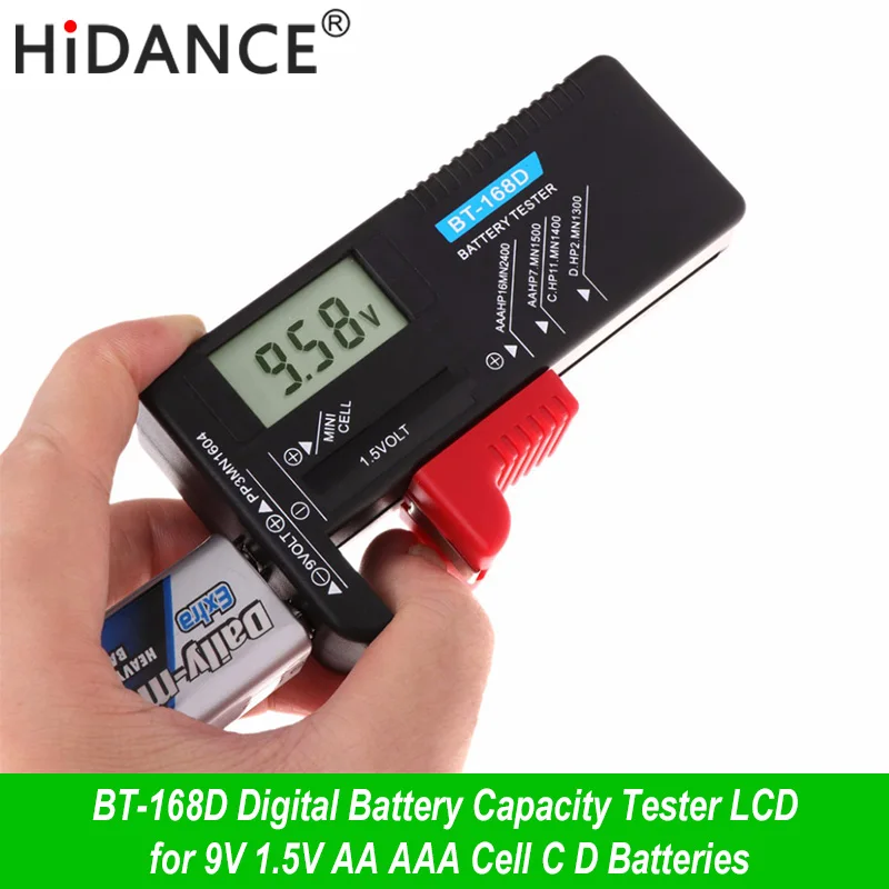 HiDANCE-probador de capacidad de batería Digital portátil, dispositivo LCD para voltaje de 9V, 1,5 V, pilas AA, AAA, C, D, BT-168D