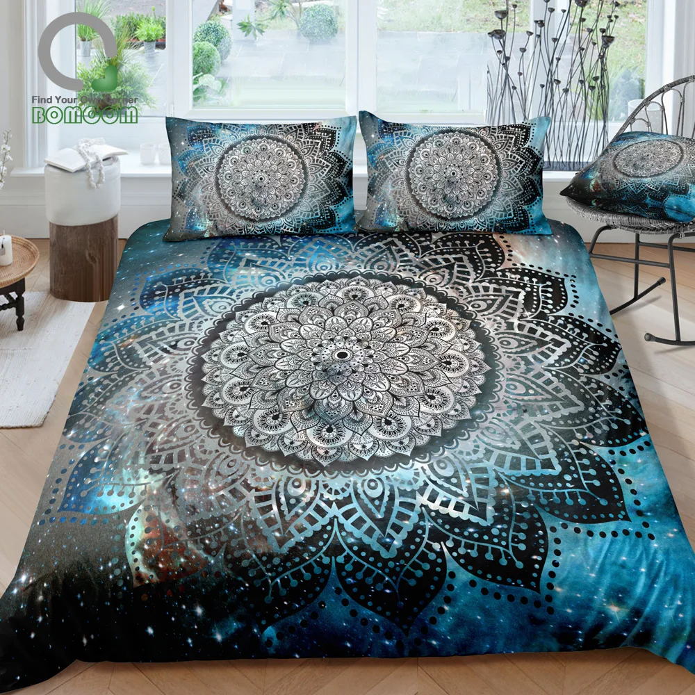 

BOMCOM 3D Digital Printing Spiritual Ritual Galaxy Mandala Flower BOHO Gypsy Yoga Duvet Cover Sets 100% Microfiber Dark Blue