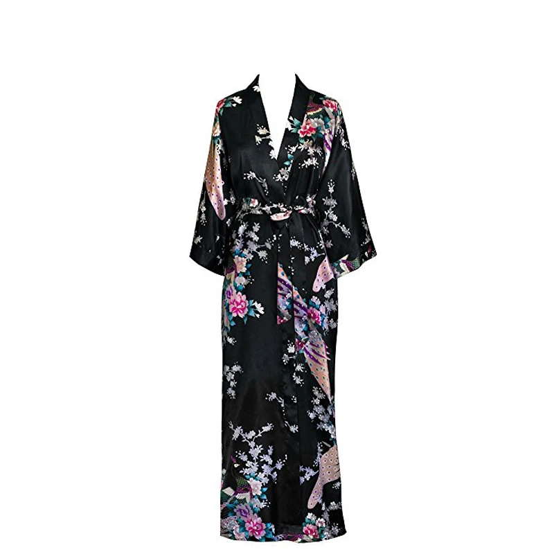 Kimono longo chinês para as mulheres, tamanho grande xxxl, estampa de flores, pavão, roupão sexy, roupão para a noiva e dama de honra