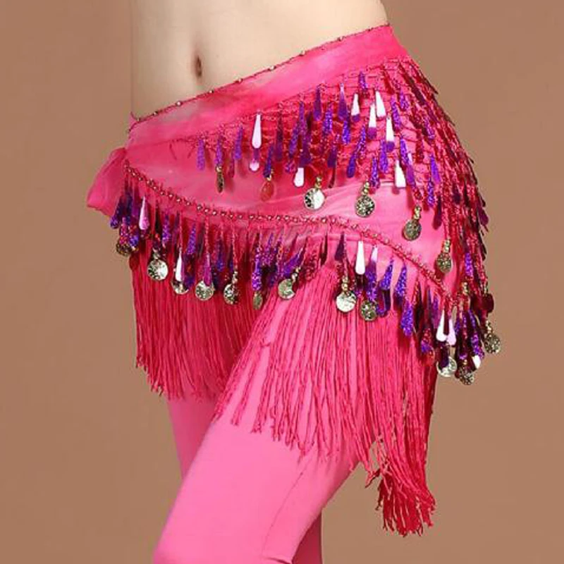 Phụ nữ khăn hip Múa Bụng vành đai bellydance Sequins Tua Tam Bọc Phụ Kiện Khăn Choàng Voan Fringe Coin Khăn