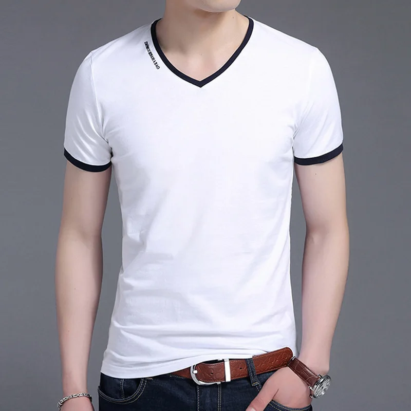 Liseaven Men T Shirt V-Neck cotton tshirt Short Sleeve T-Shirts Men\'s Slim Fit Solid Color Tee Shirt