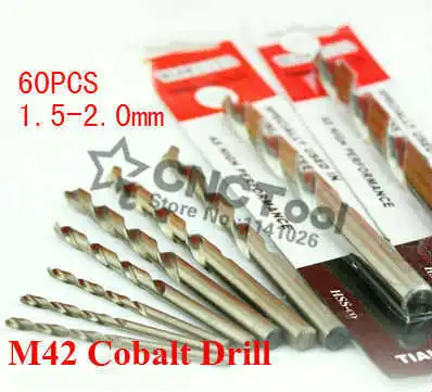 

Free shipping 60 pcs 1.5-2.0 mm Cobalt containing high speed steel Co-HSS M42 twist drill bits for metal drilling