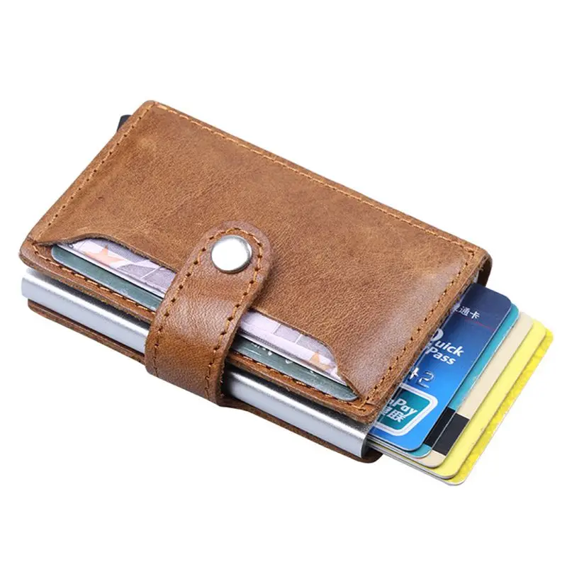 Men Blocking Rfid Wallet Mini 100% Genuine Leather Business Aluminium Credit Card Holder Purse Automatic Pop Up Card Case