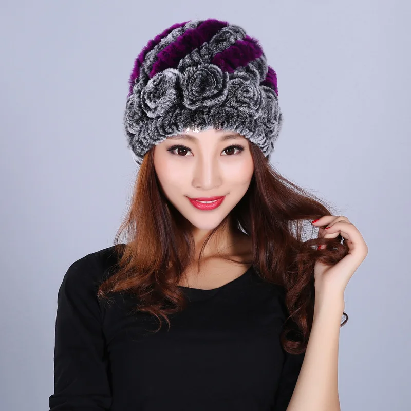 

Women's Warm Rabbit Hair Hat Students Ear Protection Cap Students Flowers Winter Fur Hat Fashion Knitted Warm Winter Cap B-8603