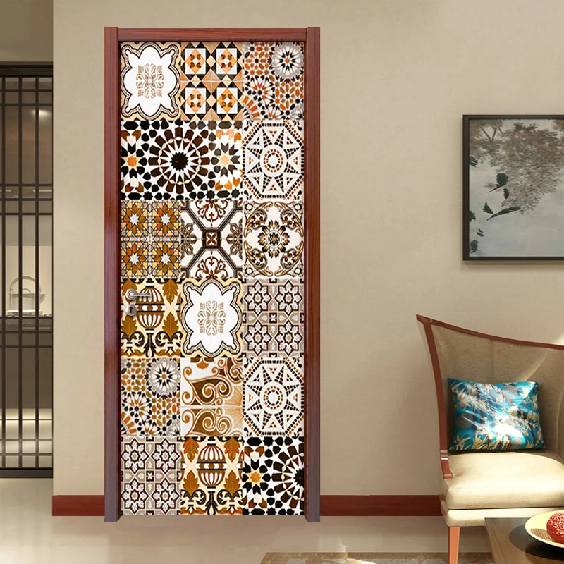 

Removable DIY Self-adhesive Door Sticker 3D Mosaic Tile Pattern Living Room Bedroom Door Decoration Mural Wallpaper Wall Decals