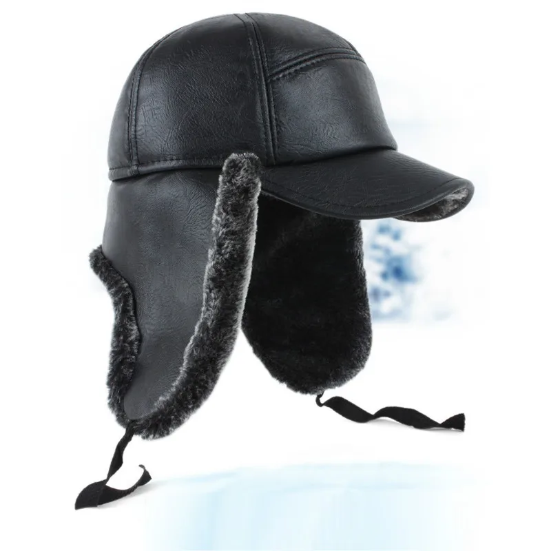 

Elder Leather Hat Female Winter Ear Protection Cap Men's Winter Warm Windproof Cap Father Winter Cotton Fur Hat B-8569