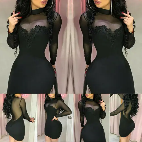 Summer Dresses 2019 New Summer Women Sexy Black Lace Long Sleeve Turtleneck See-Through Mesh Patchwork Short Skinny Dress