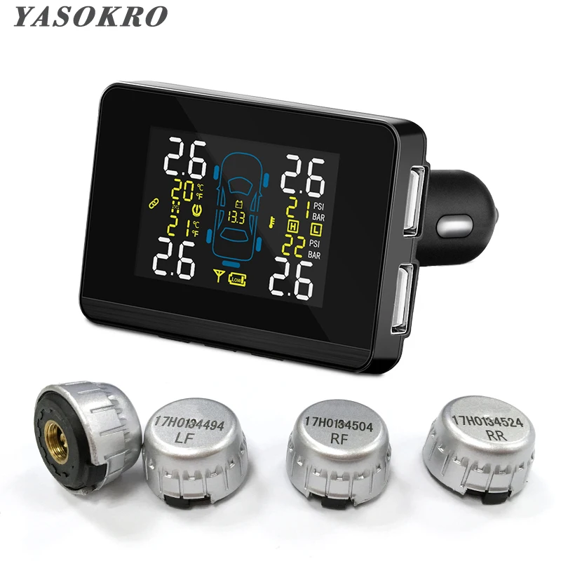 Car Wireless TPMS Tire Pressure Monitor System Dual USB Car Charger for Phone GPS with 4 External Replaceable Battery Sensors