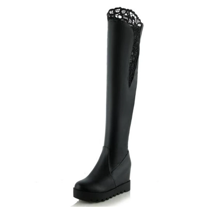 Stivali da donna autunno inverno nuovo stile moda sexy pizzo testa tonda sopra gli stivali al ginocchio Cashmere tenere al caldo stivali invernali