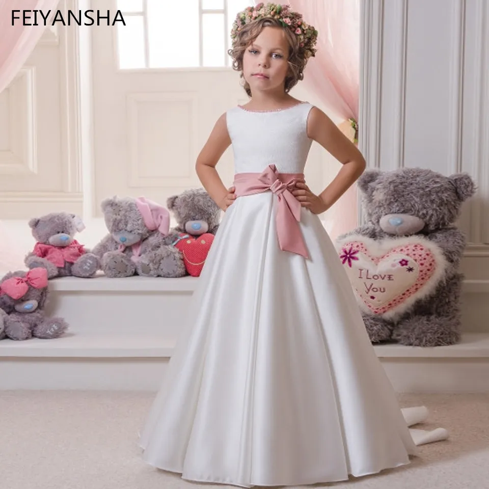 Trắng Đầu Tiên Hiệp Thông Đầm Form Chữ A Tay Dài Cổ Tròn Hoa Bé Gái Có Nơ Tất Vestidos De Comunion Para Ninas