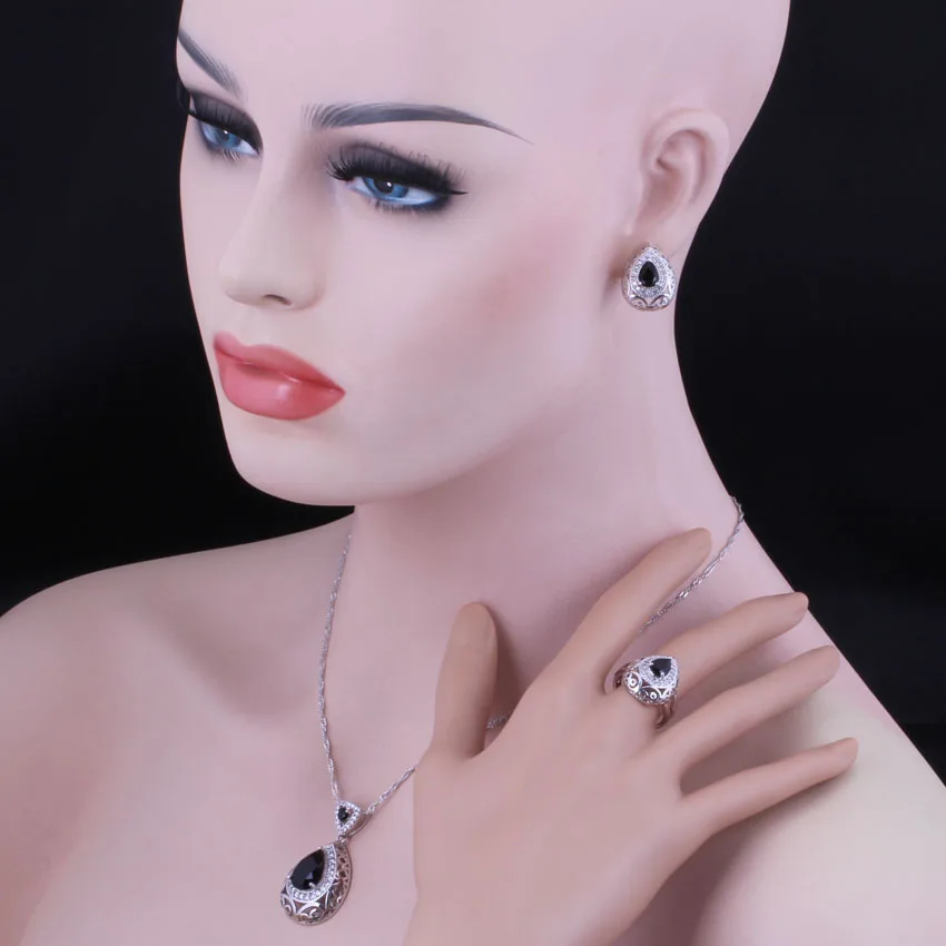 Water Drop Black Cubic Zirconia White CZ Silver Plated Jewelry Sets Earrings Pendant Nacklace Chain Ring V0316