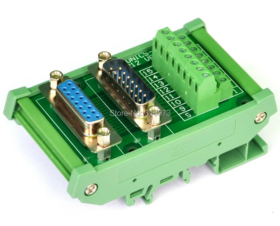 

DB15 D Sub DIN Rail Mount Interface Module, Male / Female, Breakout Board.