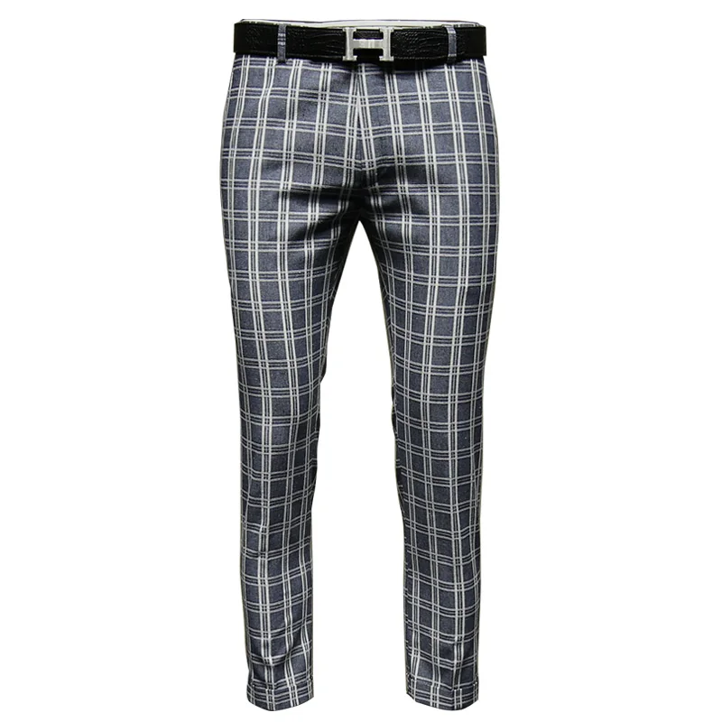 men pants 25% cotton 10% linen blue plaid cropped pants slim fit mens suits pant streetwear summer new arrivals wedding groom