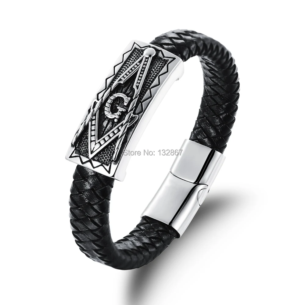 Mens Stainless Steel Magnet Clasp Genuine Leather Bracelet Freemasonry Masonic 8.5inch