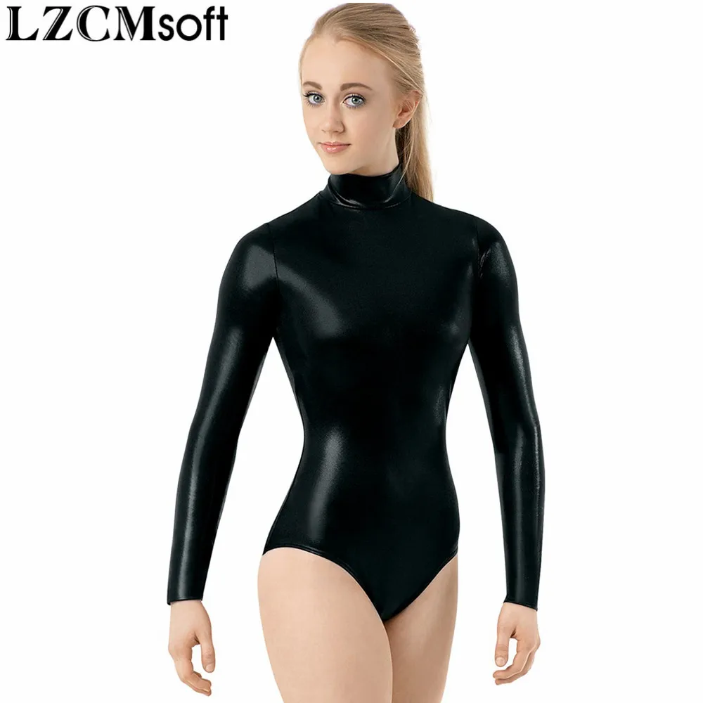 LZCMsoft Adult Shiny Metallic Mock Neck Leotard Women Black Long Sleeve Gymnastics Performance Ballet Dance Leotards Teams Wear