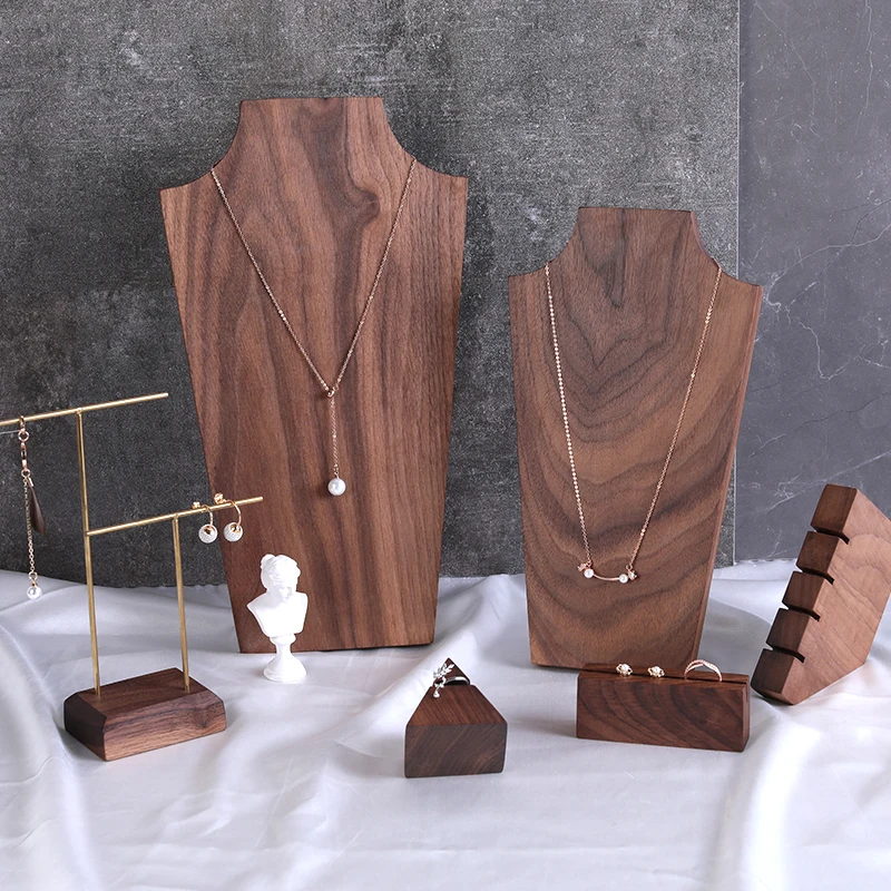 Black Walnut Pendant Necklace Display Holder Earrings Ring Display Stand Solid Wood Chain Showcase