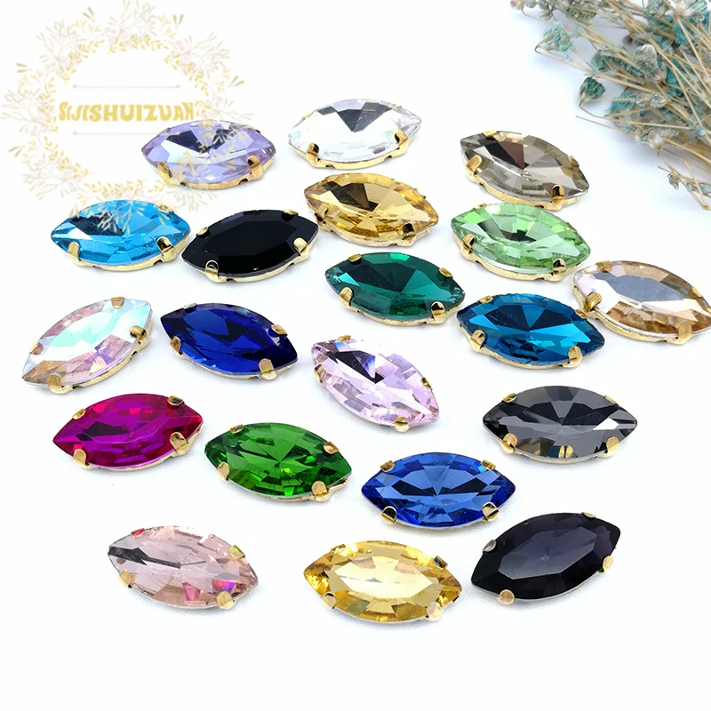 Multi Sizes 20-Colors Sew On Horse Eye Rhinestone Gold Claw Teardrop 4-Holes For Jewels Needlework Wedding Dress Bag Trims