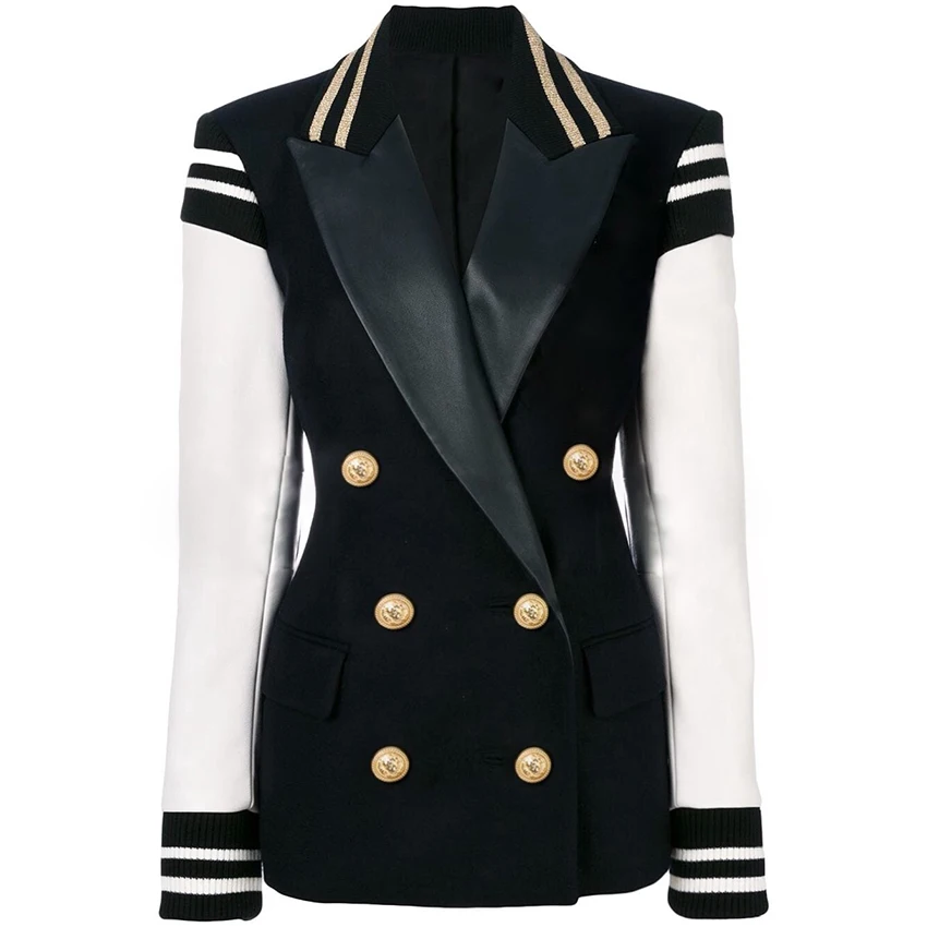 HIGH STREET New Fashion 2024 Classic Varsity Jacket Women's Lion Buttons Double Breasted Leather Sleeve Patchwork Blazer