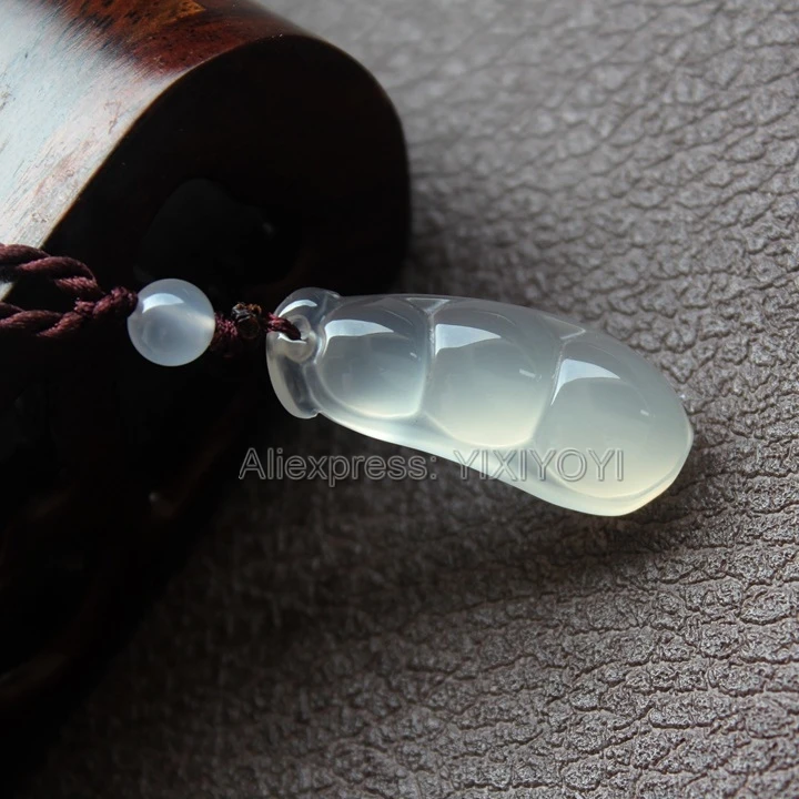 Beautiful Handwork Natural White Agate Jade Carved Chinese Bean Beads Lucky Blessing Pendant + Rope Necklace Fine Jewelry