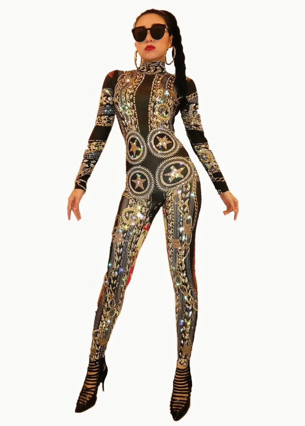 Glisten Rhinestones Pattern Printed Jumpsuit Women\'s Sexy Stretch Unique Bodysuit Costume Female Singer Dance Stage Wear