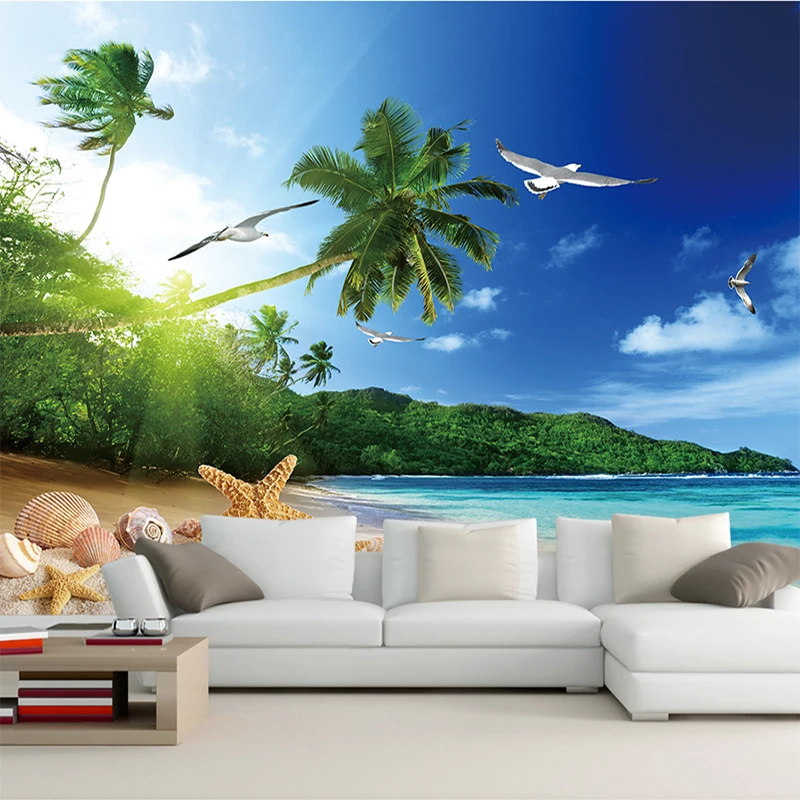 Custom Wall Cloth Seaside Scenery Beach Coconut Tree Photos Wall paper Lving Room Background Home Furnishing Waterproof  Murals