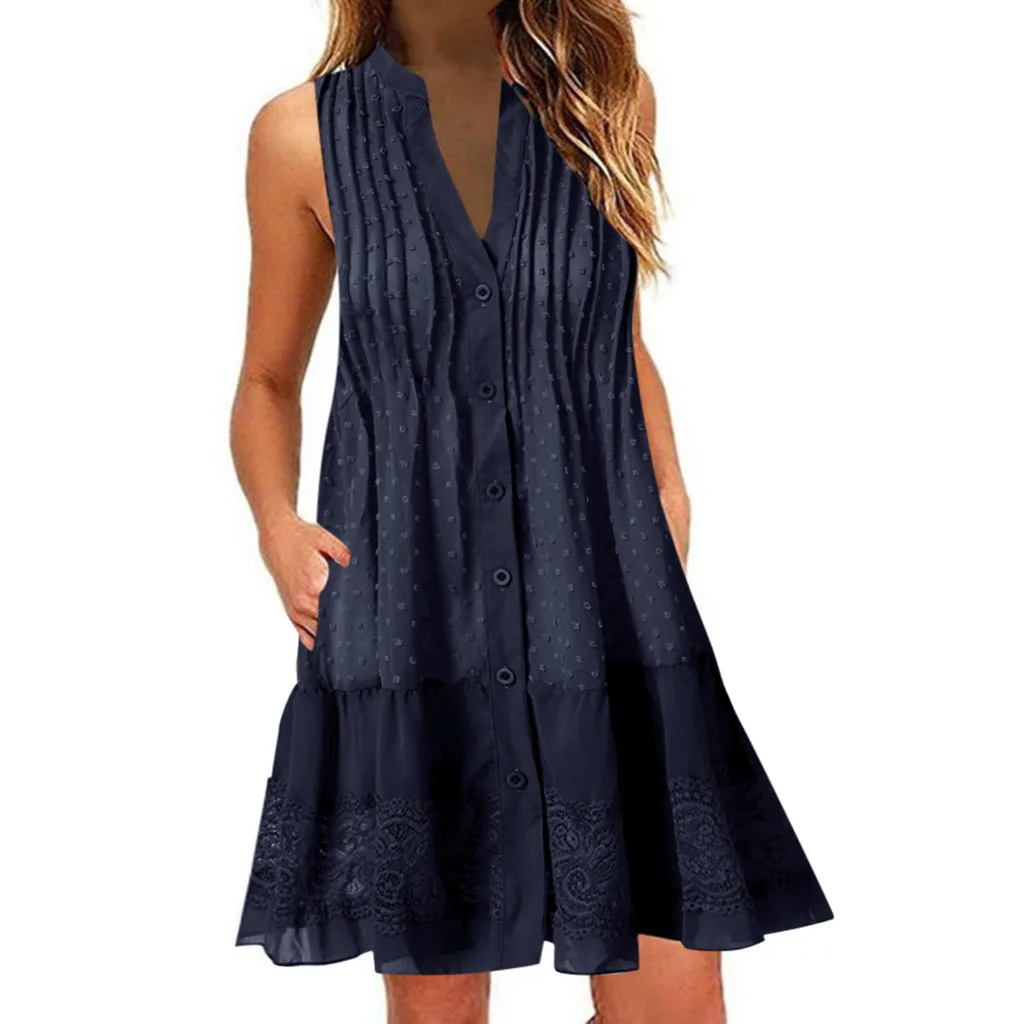 

The With Botton Dress For Women Loose Casual Summer V-Neck Dress Elegant Solid With Botton Sleeveless Dresses Vestidos De Verano