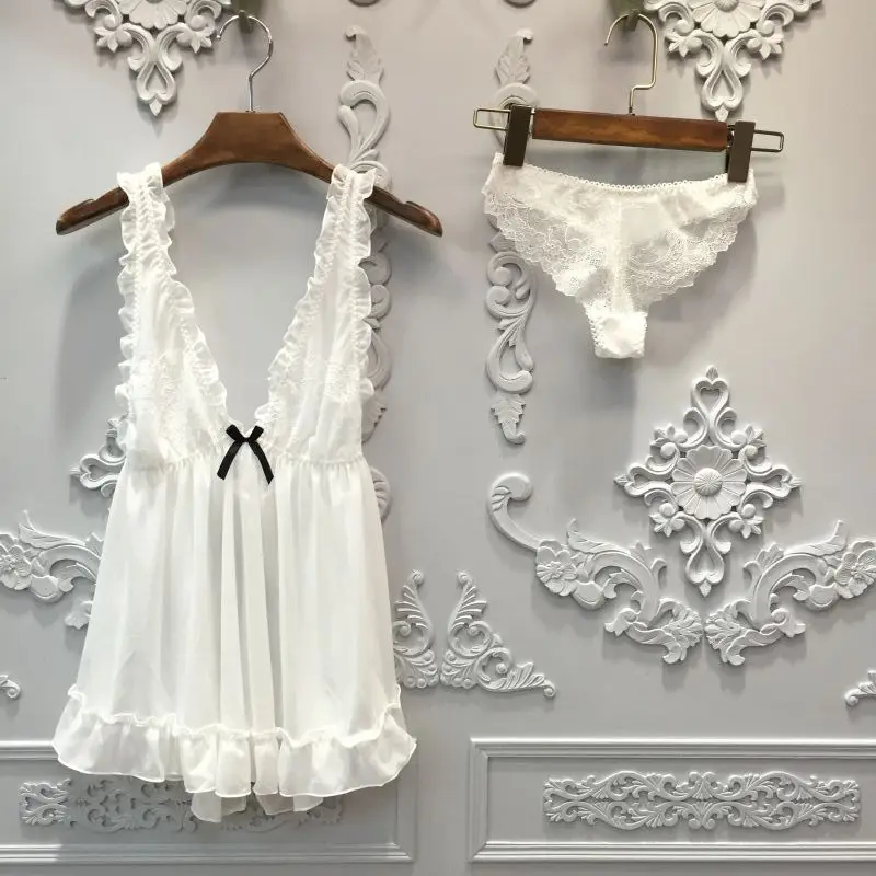 Lisacmvpnel Net Yarn Sexy Women Nightgown+Pantie Set Deep V Lace Women Sleepwear