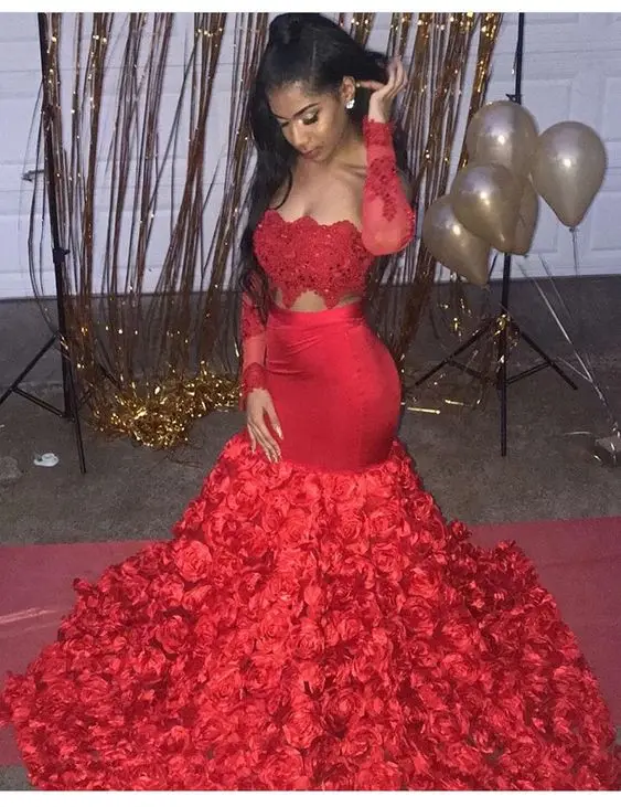 Vestido de fiesta de manga larga para chicas africanas, elegante, rojo, sirena, para noche, dos piezas