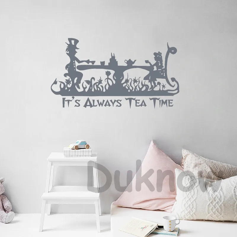 Alice In Wonderland Vinyl Art Sticker It's Always Tea Time Wall Decal Quote Home Kids Kitchen Room Tea Party Decor