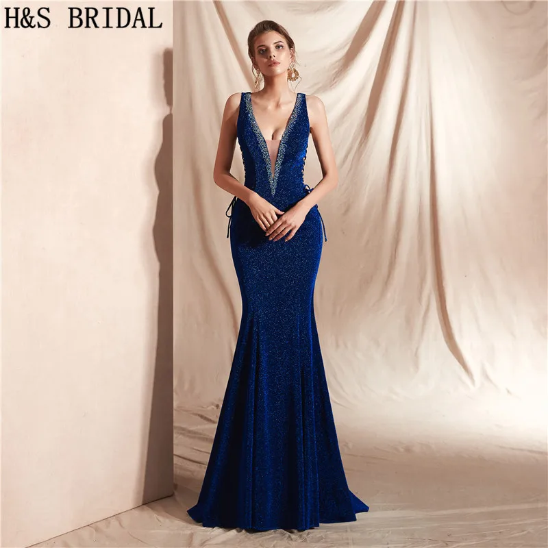 H & S เจ้าสาว Vintage ชุดราตรี royal blue v คอเซ็กซี่ Mermaid อย่างเป็นทางการชุด Robe De Soiree 8 สี shinny Evening Dresses