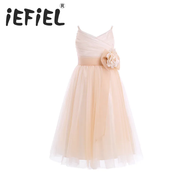 iEFiEL Kids Girls Tulle Mesh Spaghetti Shoulder Straps Flower Girls Dress Princess Wedding Bridesmaid Birthday Party Prom Dress